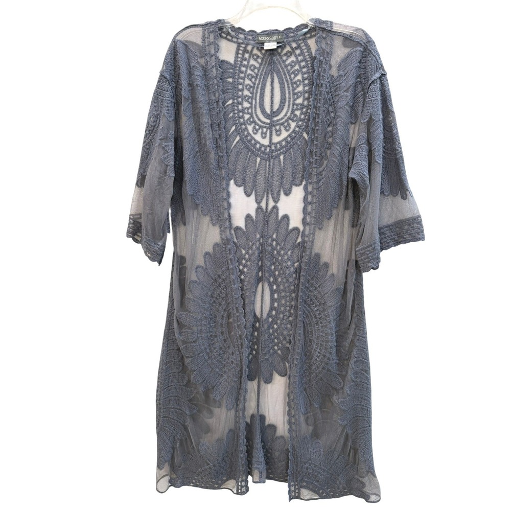 Accessory St New York Blue Embroidered Mesh Kimono Open Front Cardigan One Size